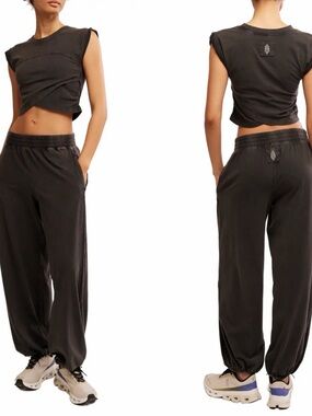 FP Movement Free People Hot Shot Black Joggers Pants XL Distressed Parachute